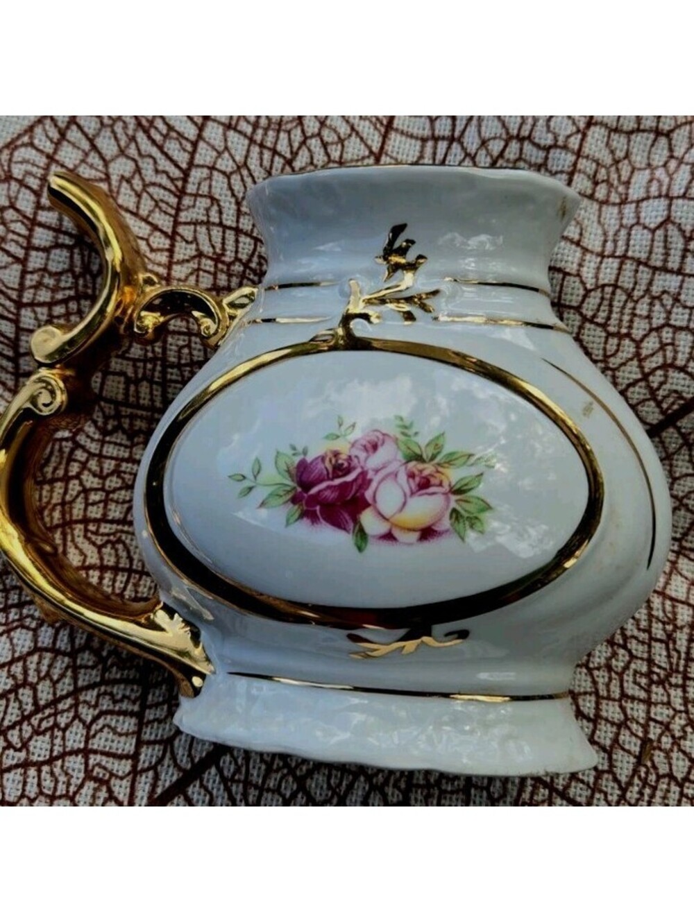 Czech Bohemia Porcelain Floral Roses Tea Cup Sipping Mug Spouted Gold Trim